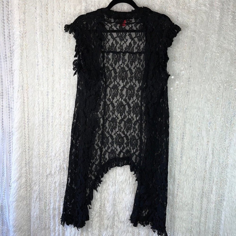 V Cristina Long Lace Cardigan Vest Size LARGE Black Sleeveless Open Front Ruffle